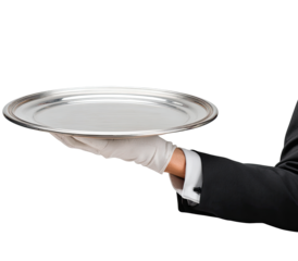 A hand in a white glove holds a round, empty silver platter