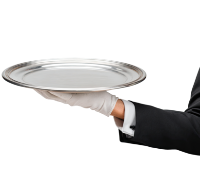 A hand in a white glove holds a round, empty silver platter