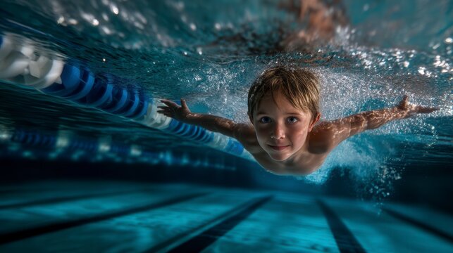 Confident young boy swimming underwater in pool lane with arms outstretched, smiling at camera through clear blue water in competitive swimming facility