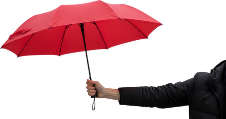 Person's hand holding open red umbrella black jacket sleeve isolate weather protection rain accessory