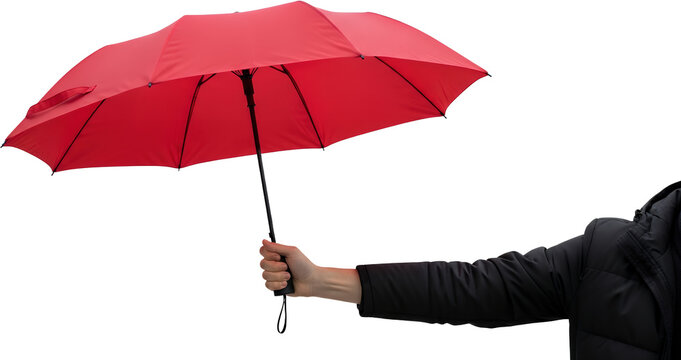 Person's hand holding open red umbrella black jacket sleeve isolate weather protection rain accessory
