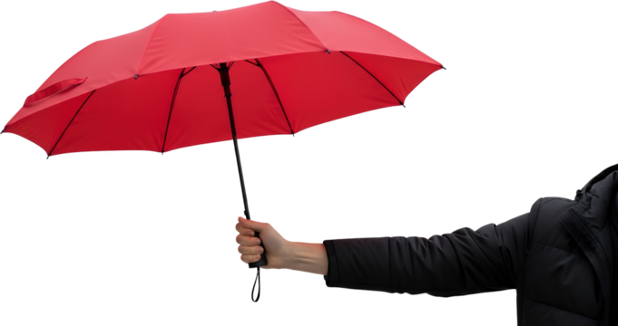 Person's hand holding open red umbrella black jacket sleeve isolate weather protection rain accessory - Powered by Adobe