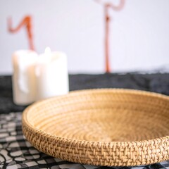 Woven basket on a table with a candle