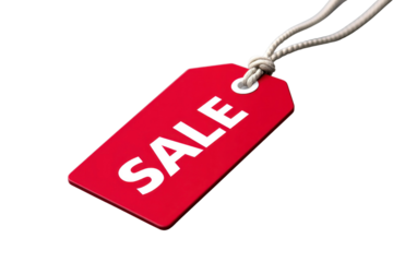 Red sale tag with white text on a neutral background  