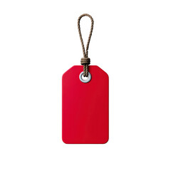 Fototapeta premium Red price tag with string hanging on white background 