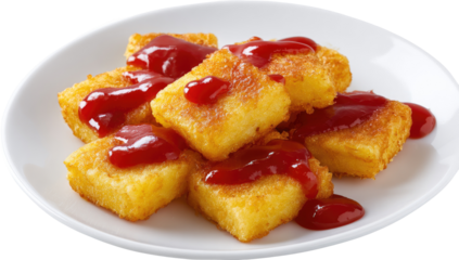 Golden, crispy squares, glistening with red sauce, on a white plate