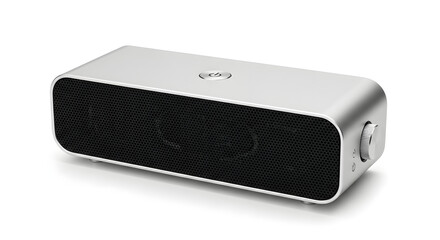 A sleek, silver portable wireless speaker with a black grille and a volume knob, isolated on a white background.
