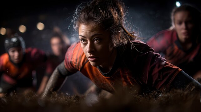 Determined female rugby player in orange jersey focused during muddy match with teammates in background on dark field at night - Powered by Adobe