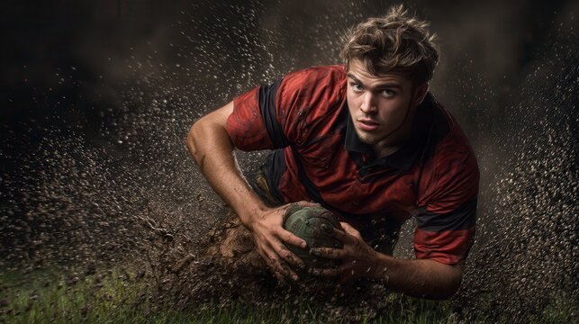 Determined caucasian young male rugby player diving with ball on muddy field during rainy match, splashing dirt and water in dramatic action sports photography