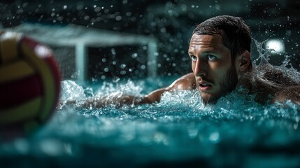 Determined Caucasian male adult water polo player swimming intensely in pool during competitive match, focused on ball visible in foreground, dramatic water splashes in professional sports setting