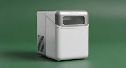 A sleek, modern, white and silver ice maker sits on a plain green background, showcasing its compact design and functional aesthetic.