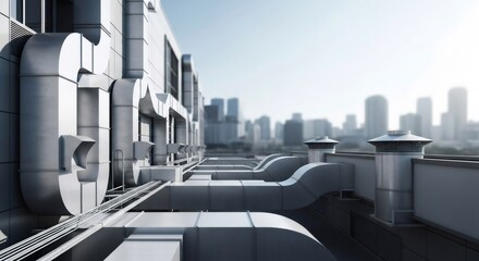 Fototapeta premium Industrial rooftop with HVAC system against a blurred cityscape. Air conditioning unit on building roof. Ventilation and energy efficiency concept.
