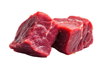 Two raw beef cubes, close-up.  Fresh, uncooked, meaty