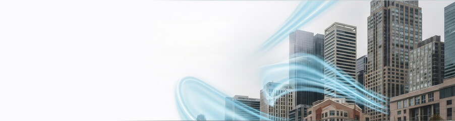 Obraz premium City buildings with blue glowing lines representing air flow. Modern ventilation and air conditioning system in urban environment for energy efficiency concept.