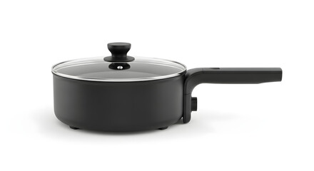 Obraz premium Black electric skillet with lid and handle on white background.