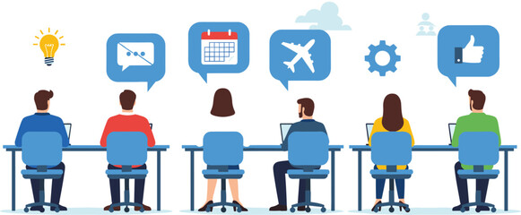 Teamwork illustration, office collaboration, task icons, laptop workspace, idea sharing, planning, communication, flat vector, modern business, digital workflow concept