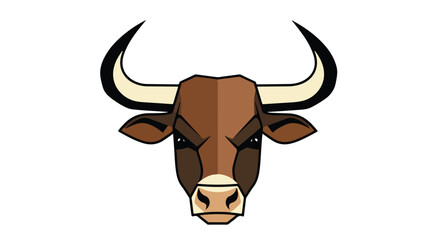 Stylized brown bull head with imposing horns and a bold outline on a stark white background showcasing an illustration with a geometric style