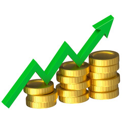 3D golden coin stack with green arrow growth icon illustration