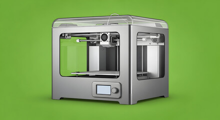 Fototapeta premium A silver 3D printer with a transparent top on a green background.