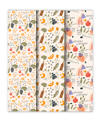 Seamless pattern wallpaper depicting an abstract boho design with playful shapes and natural elements.
