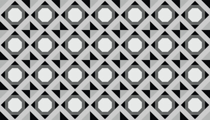 Seamless geometric pattern in grayscale featuring concentric circles and diagonal blocks, creating a modern abstract background