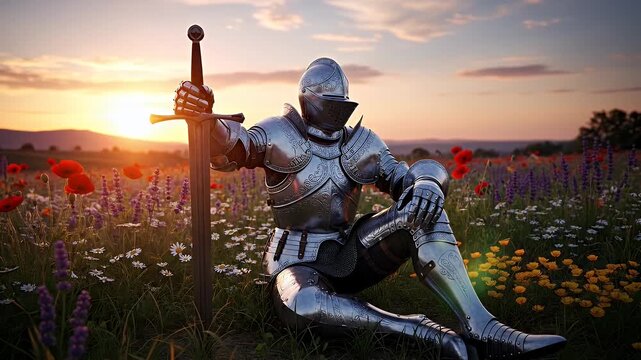 A medieval knight in full plate armor sitting with a sword in a poppy field during a golden sunset