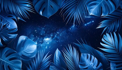 A celestial panorama is framed by lush, dark-toned foliage, creating a vibrant and surreal contrast