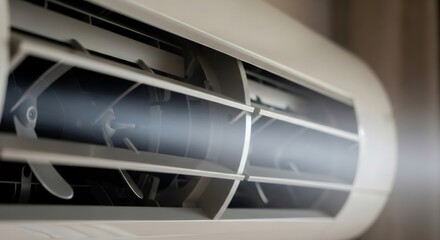 Obraz premium Wall-mounted air conditioner unit in operation, providing cool air flow indoors. HVAC system for home and office climate control application.