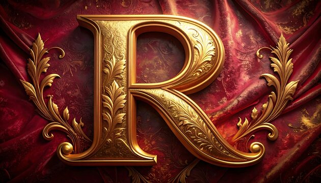 Fototapeta Ornate gold capital letter R on rich maroon fabric