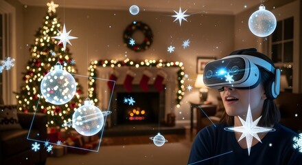 Naklejka premium Augmented Reality Christmas Person wearing AR headset seeing holographic ornaments floating in room.