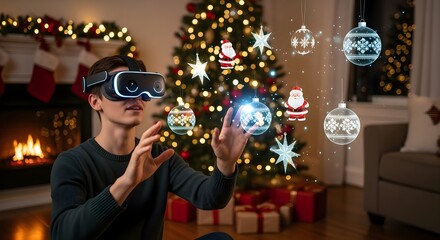 Augmented Reality Christmas Person wearing AR headset seeing holographic ornaments floating in room.