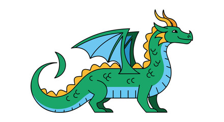 Fototapeta premium Illustration of a Friendly Green Dragon with Blue Wings and Yellow Details on a White Background