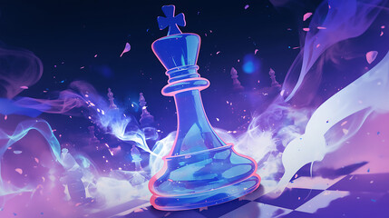 Neon digital artwork of chess pieces on a colorful background.