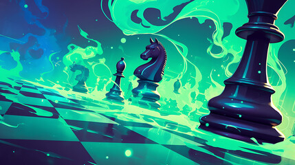 Colorful chess pieces emerge from a smoky background illustration