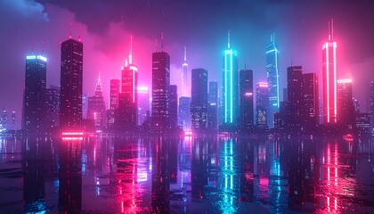 Obraz premium Neon cityscape reflected in water at night