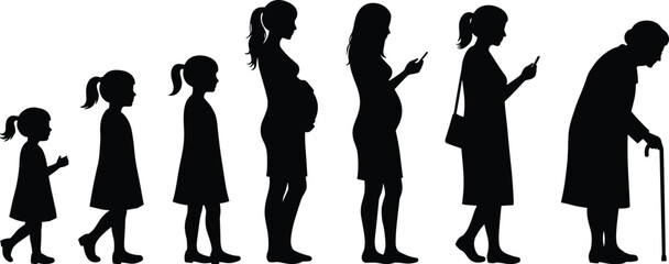 Stages of woman life cycle, silhouette progression, female growth phases, childhood to old age, pregnancy stages, aging process, woman development timeline, life evolution concept.