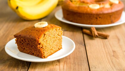 Close-up of a slice of banana cake on a plate, with a whole cake and bananas in the background