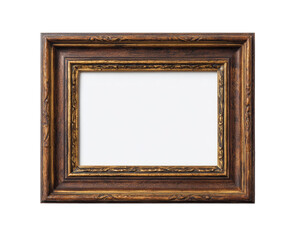 Antique-style picture frame,  dark brown wood, ornate gold trim