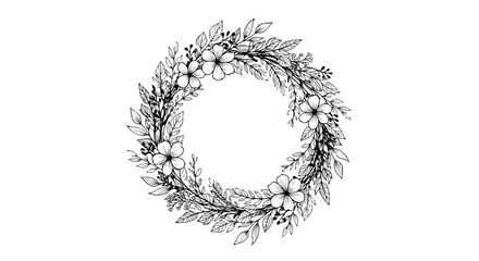 Elegant floral wreath illustration in black and white, perfect for wedding invitations and springtime decorations