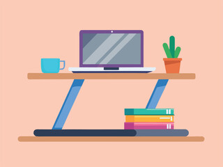 Ergonomic vertical laptop stand with desk accessories and cactus plant