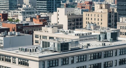 Rooftops with ventilation and air conditioning systems on buildings. HVAC technology for urban comfort and climate control.