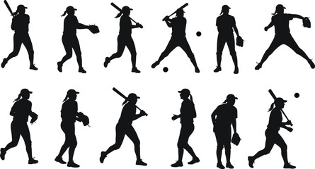Female softball silhouettes, woman playing baseball, batting and pitching, sports action poses, athletic girl in cap, throwing ball, hitting stance, black vector illustration