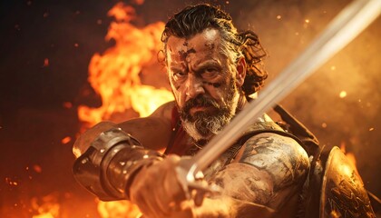 Warrior in fiery battle