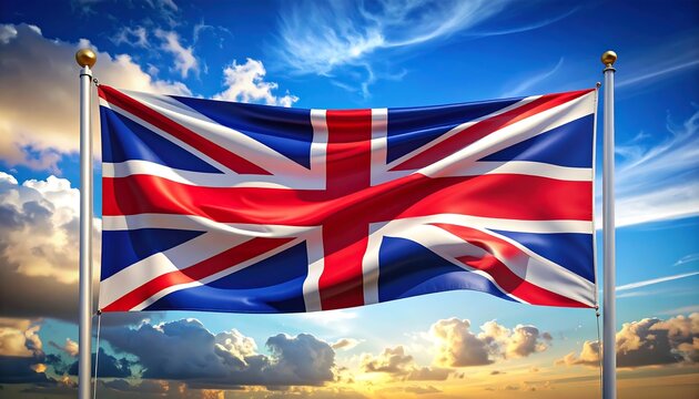 Waving Union Jack flag against dramatic sky