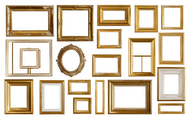 Gold-framed, empty picture displays.  Various shapes & sizes