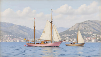 Zwei Segelboote vor mediterraner Küstenstadt – Landschaft Wallpaper – Natur Hintergrundbild