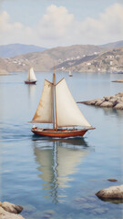 Segelboot auf ruhiger Küstenbucht bei Sonnenschein – Landschaft Wallpaper – Natur Hintergrundbild