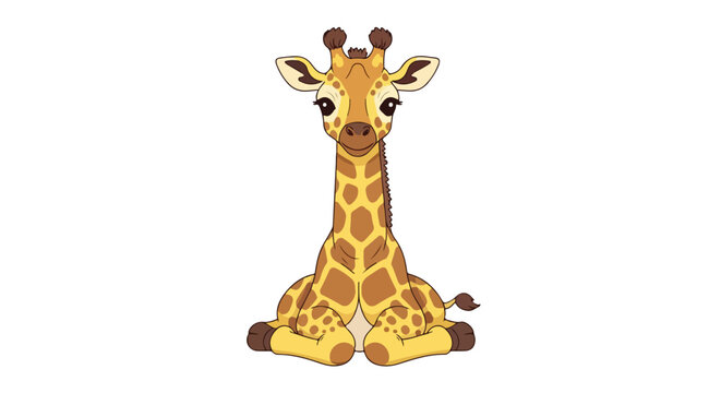 Adorable Giraffe Calf Sitting Upright Isolated on White Background in Cartoon Style Illustration