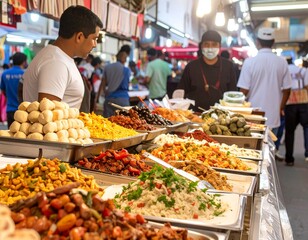 Obraz premium A vibrant display of diverse and colorful food dishes arranged on a market stall, showcasing a variety of culinary offerings.