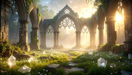 Arched Stone Ruins in Lush Meadow with Soft Sunlight